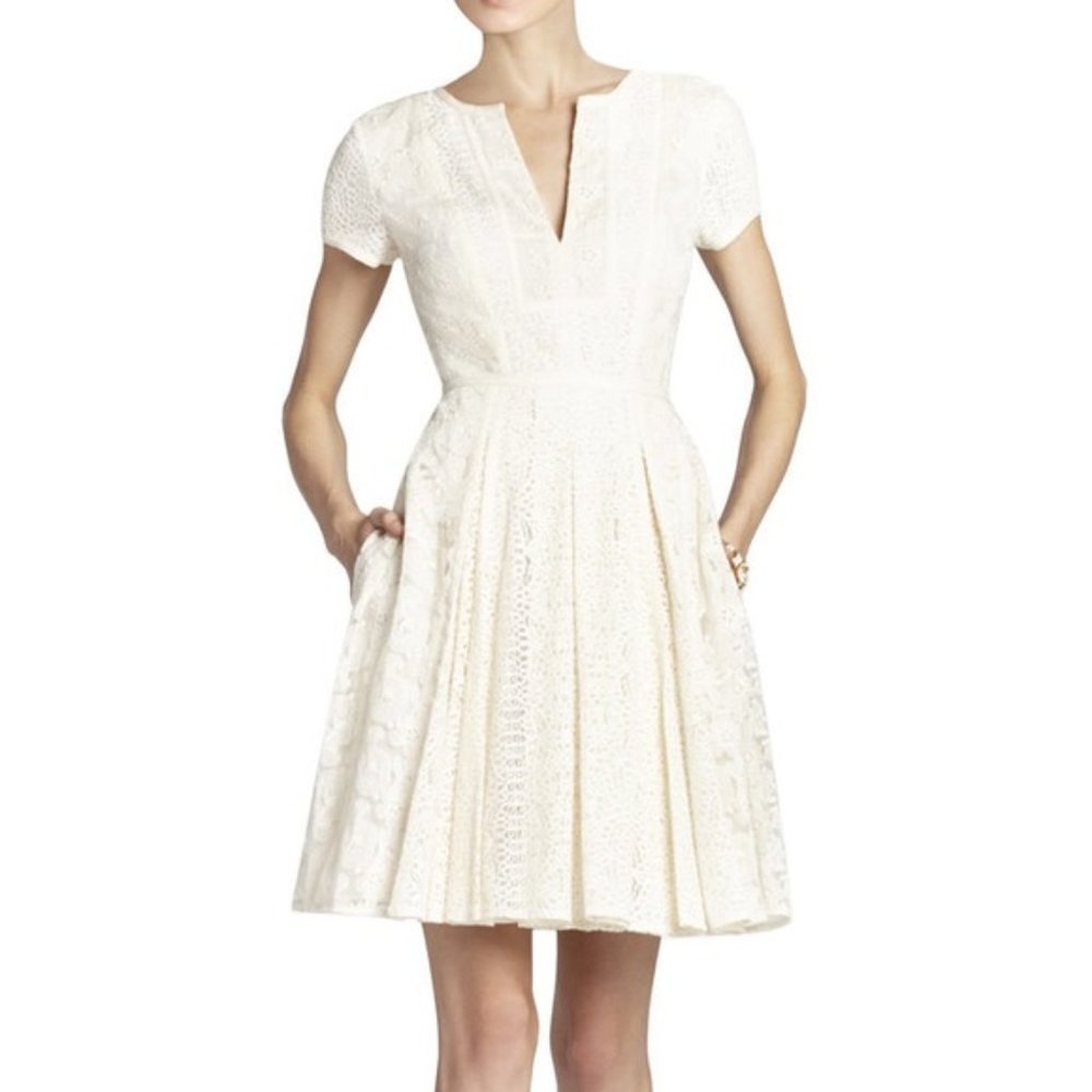 BCBG MAXAZRIA KIRSTEN ROSE WHISPER ECRU FLORAL LACE FIT & FLARE DRESS 12 NWT